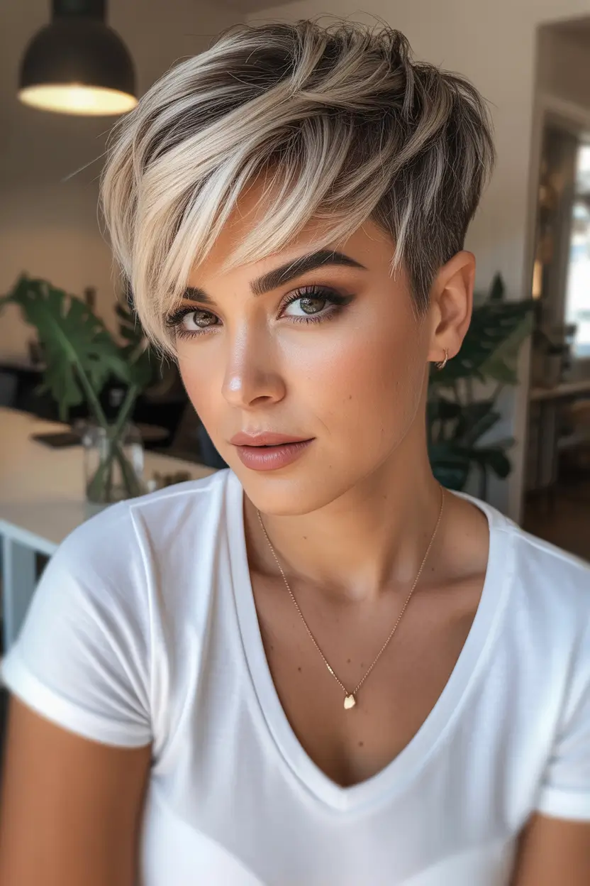 perfect spring short haircuts 2026 Dimensional Brunette Pixie With Bold Highlights