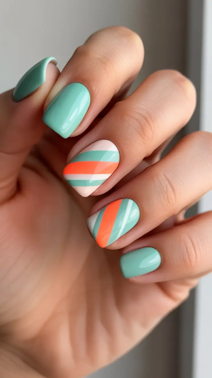 minimalist spring short nails 2026 Tangerine Stripes And Mint Waves