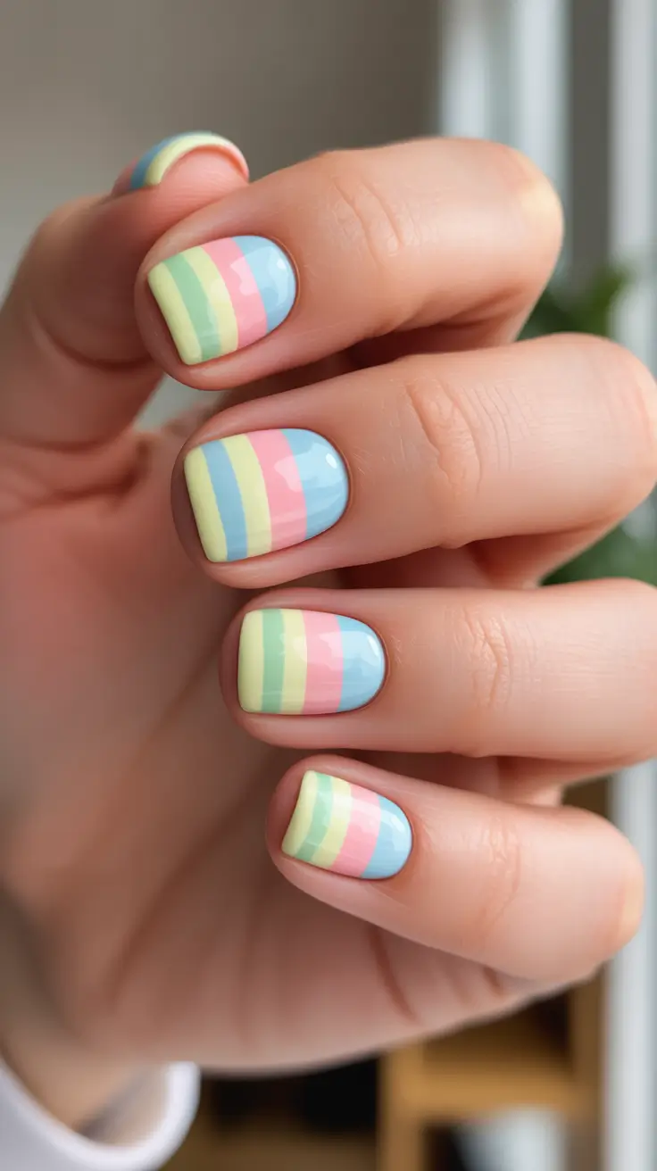 minimalist spring short nails 2026 Pastel-Rainbow-Stripes-For-A-Soft-Statement