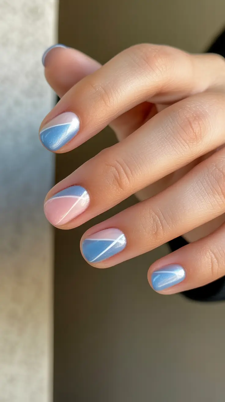 minimalist spring short nails 2026 Blue And Blush Diagonal Accent