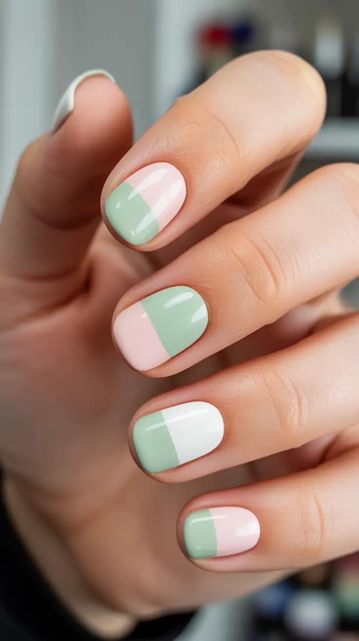 minimalist spring short nails 2026 Mint And Peach Blocked Duos