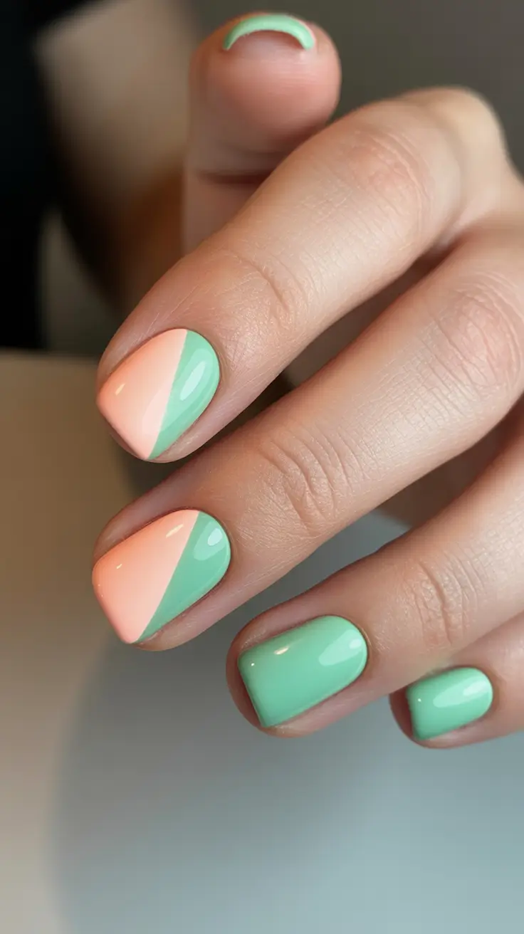 minimalist spring short nails 2026 Mint And Peach Soft Diagonals