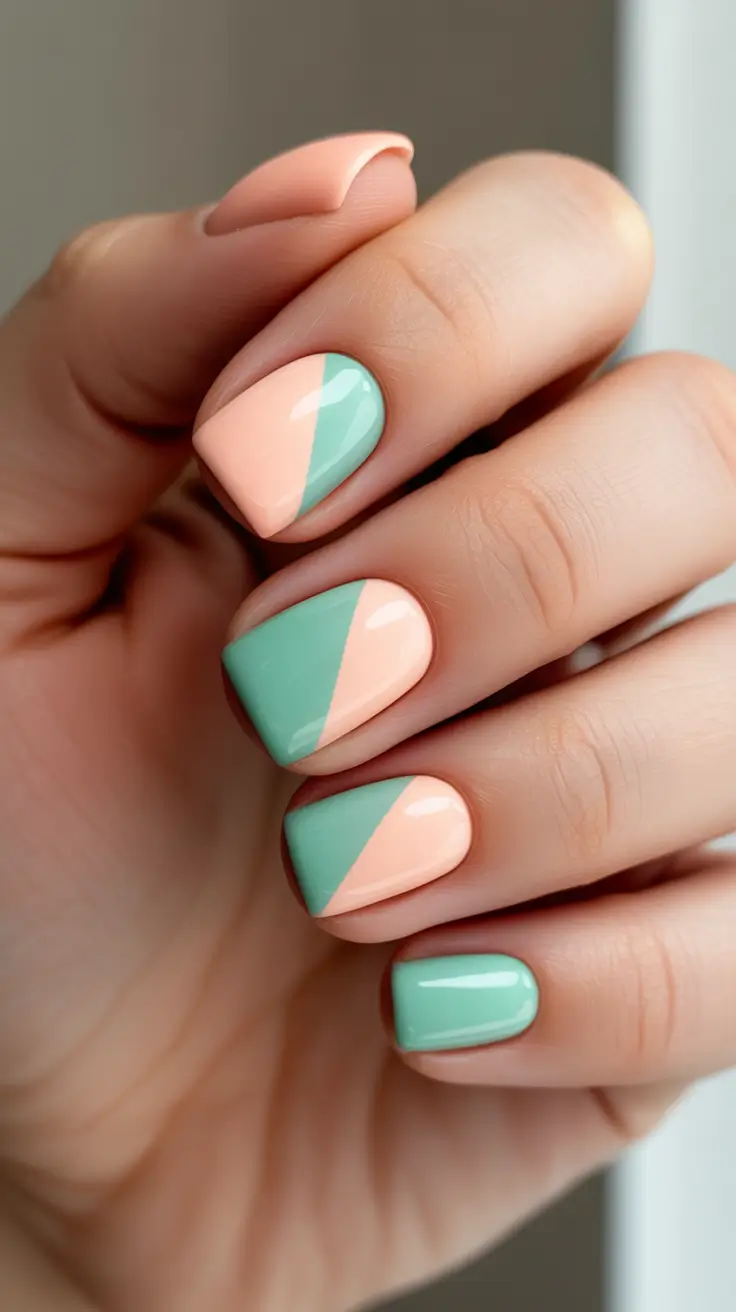 minimalist spring short nails 2026 Clean-Geometry-In-Pastel-Peach-And-Mint