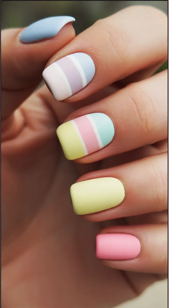 minimalist spring short nails 2026 Soft-Matte-Pastels-With-Sweet-Color-Blocking