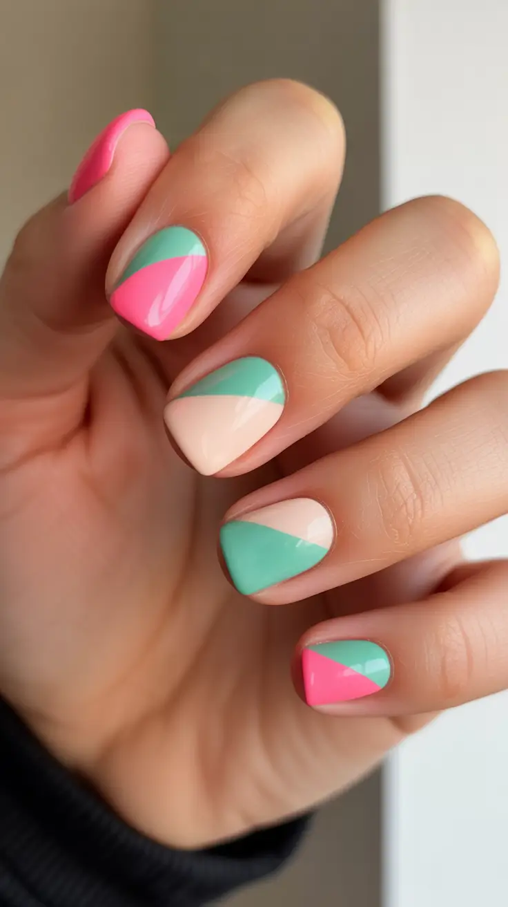minimalist spring short nails 2026 Pink And Mint Diagonal Pop