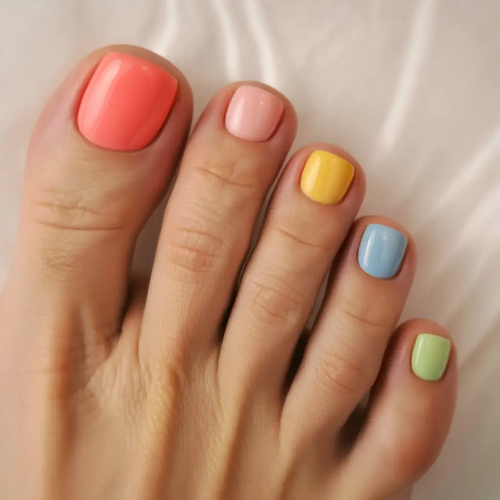 spring toe nail colors 2026 Playful Multi-Color Pastel Mix