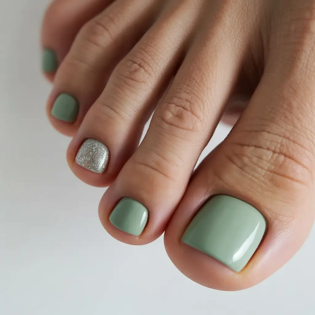 spring toe nail colors 2026 Soft Sage With A Silver Accent