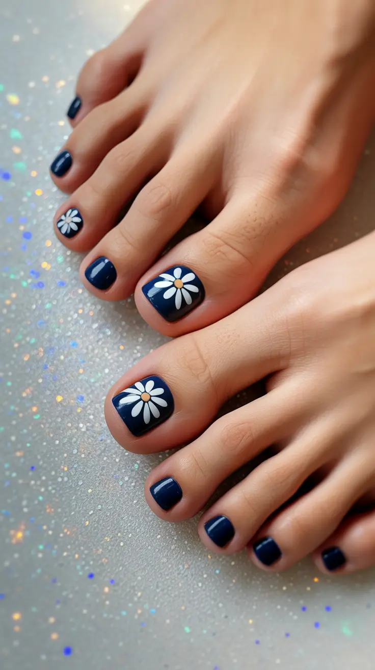 Dazzling Spring Toe Nails 2026 Navy Blue Daisy Charm