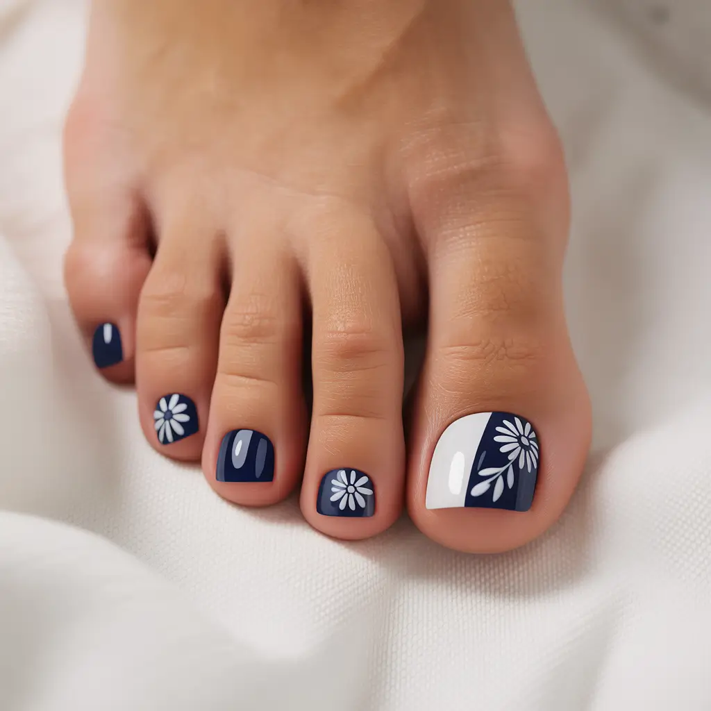 Dazzling Spring Toe Nails 2026 Half-Moon Navy And White With Delicate Florals