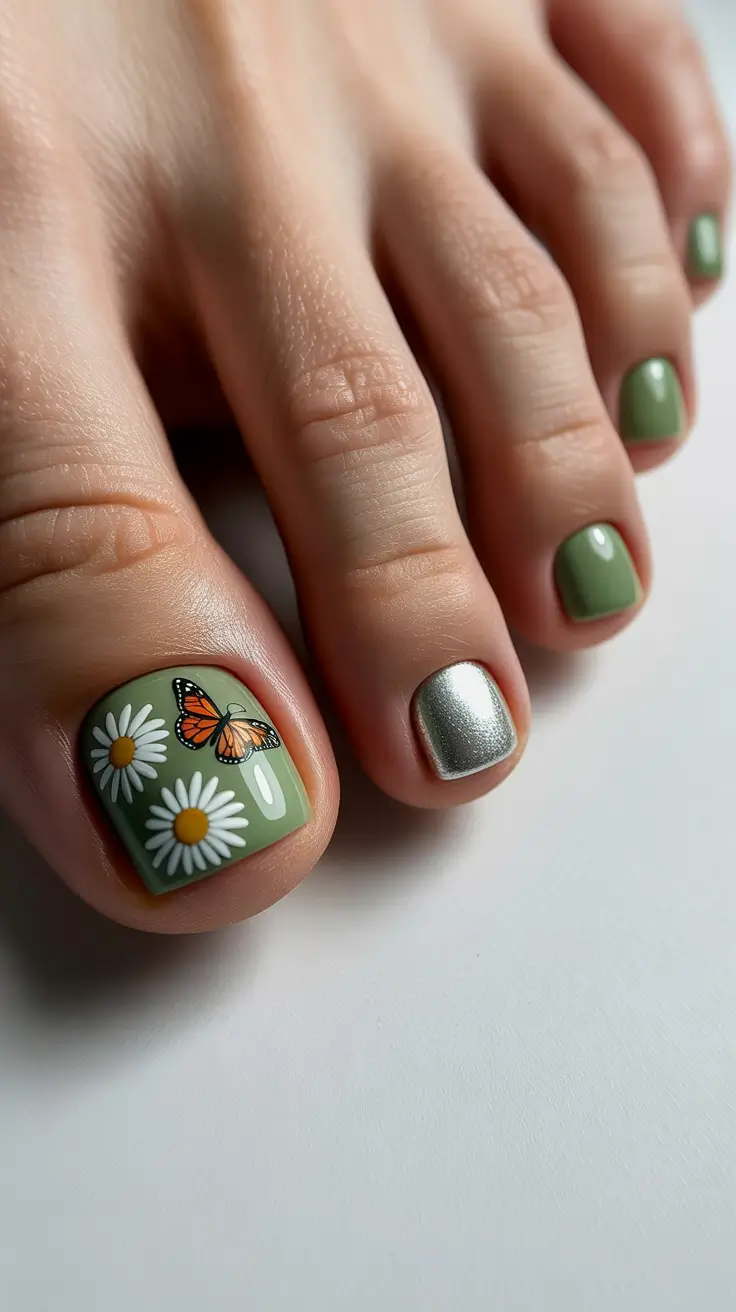 Dazzling Spring Toe Nails 2026 Sage Green With Daisies And A Butterfly Accent