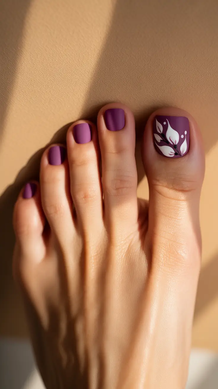 Dazzling Spring Toe Nails 2026 Matte Plum Elegance With Leafy White Accents