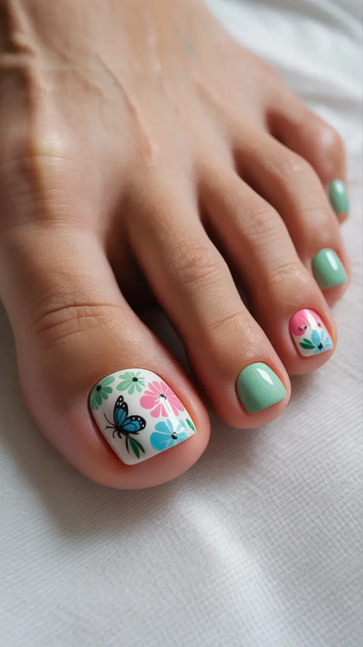 Dazzling Spring Toe Nails 2026 Mint Garden Fantasy With Butterflies And Blossoms