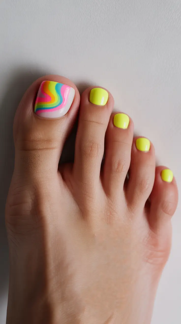 Dazzling spring toe nails 2026 Neon Yellow Pop With Rainbow Waves