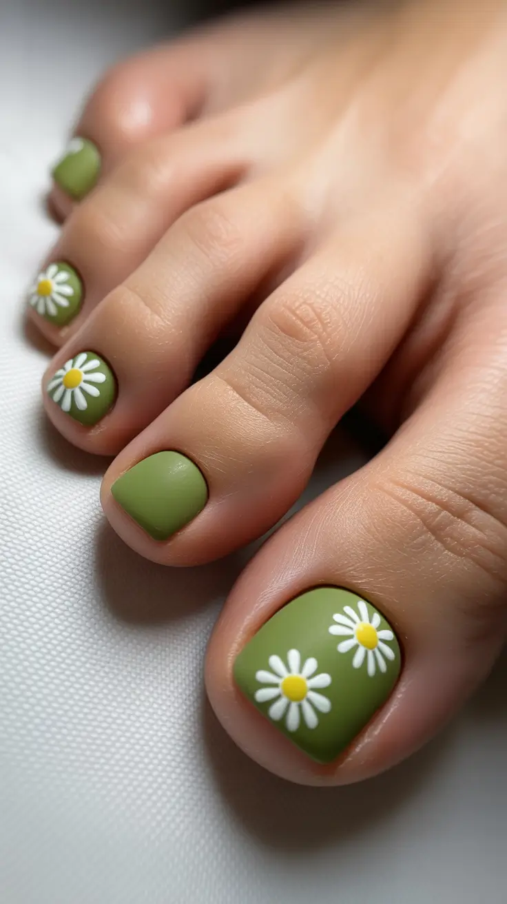 Dazzling spring toe nails 2026 Matte Olive Green With Sweet Daisies