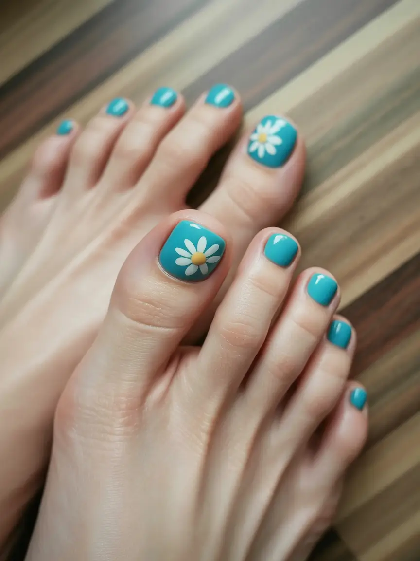 Dazzling spring toe nails 2026 Teal Daisy Charm With a Glossy Finish
