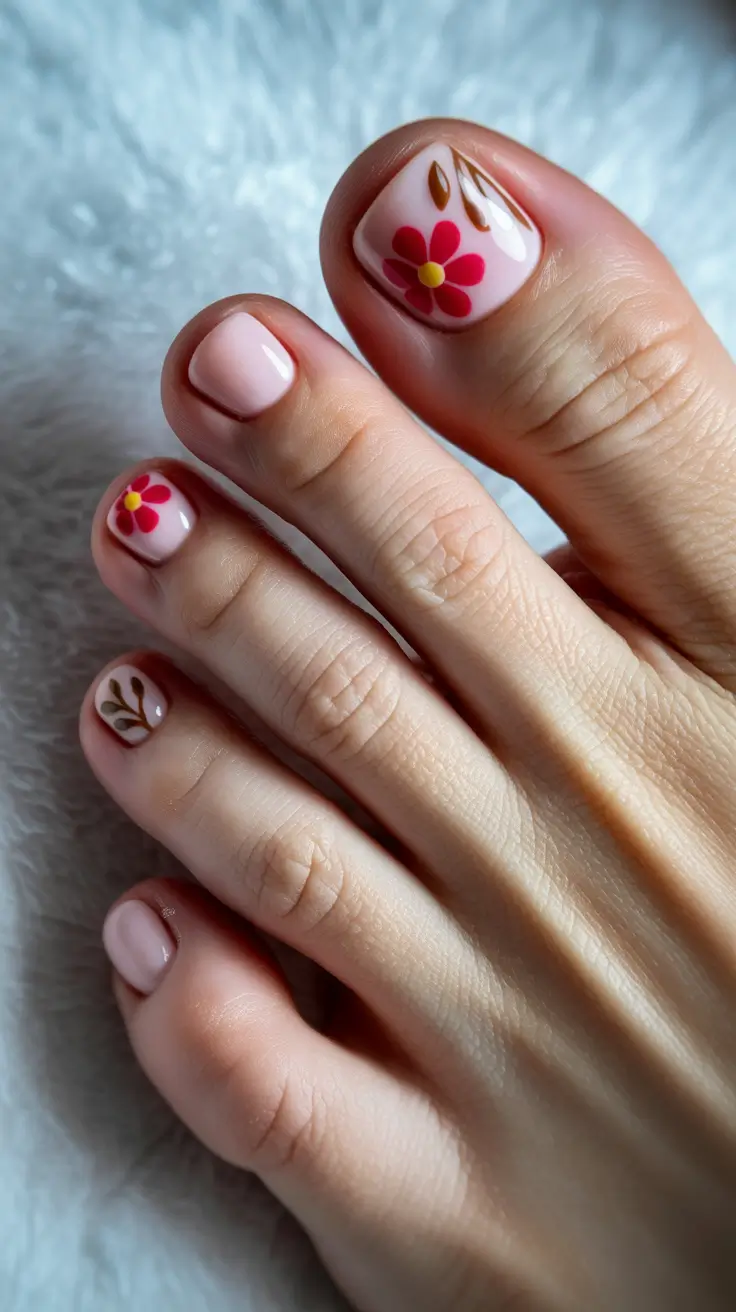 Dazzling Spring Toe Nails 2026 Playful Bloom Art On Nude Pink