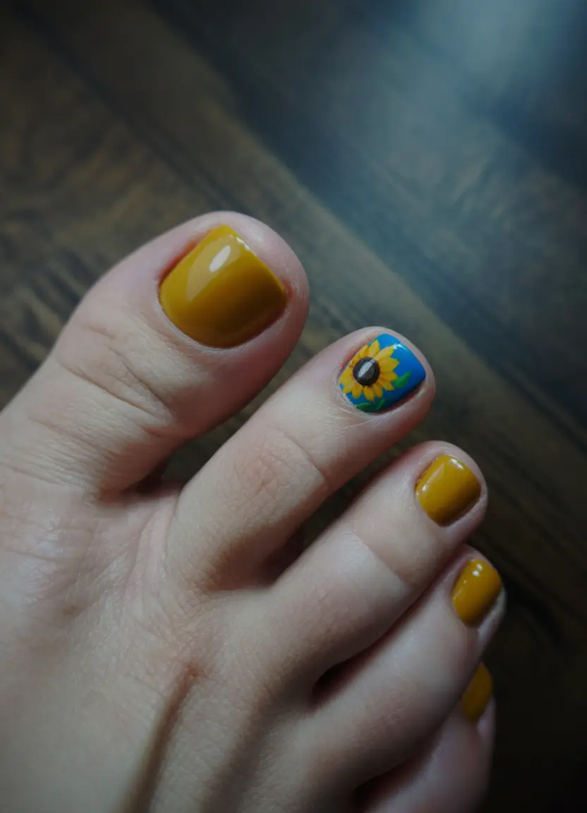 Dazzling Spring Toe Nails 2026 Mustard Yellow With A Tiny Sunflower Accent