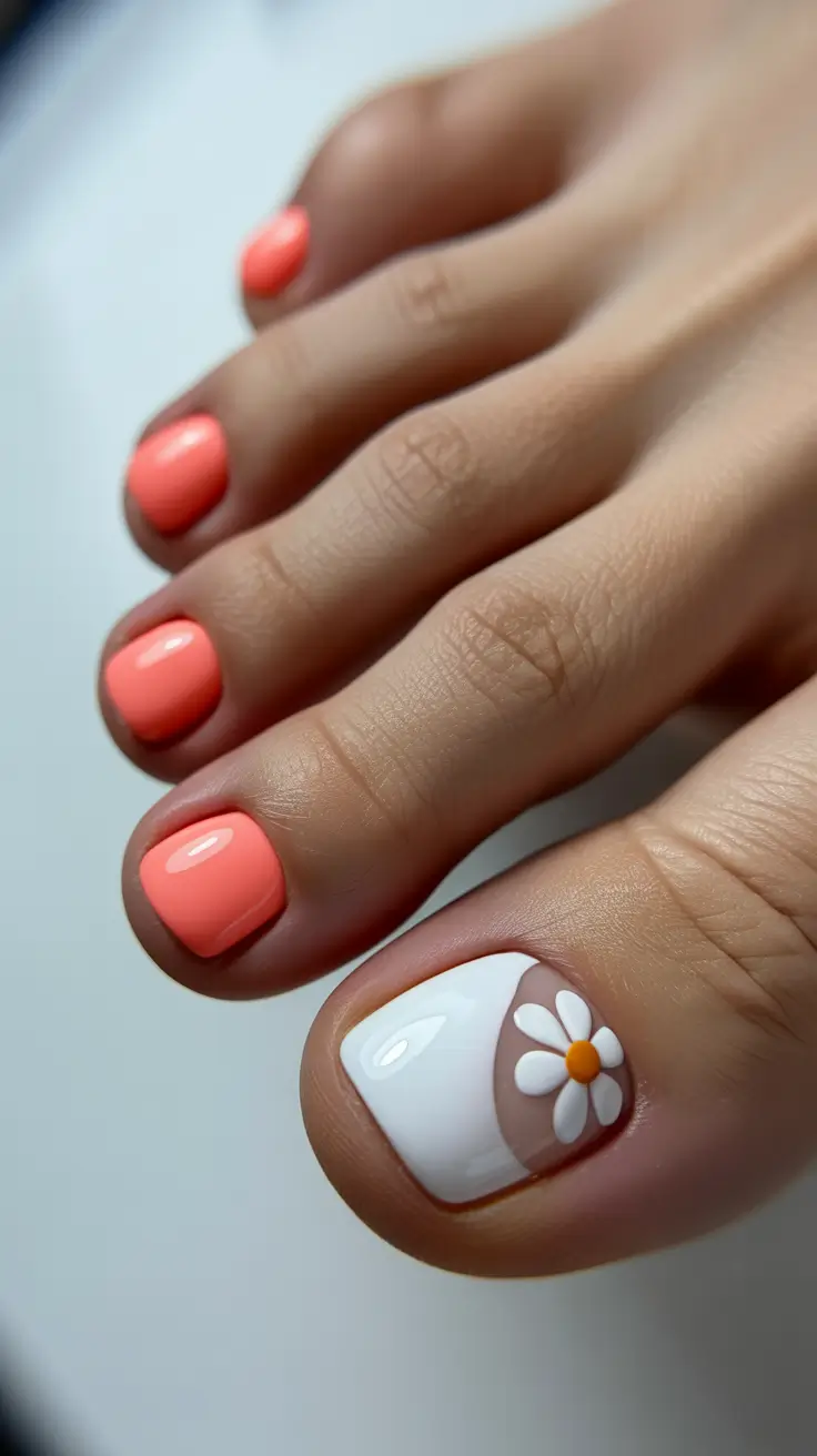 Dazzling spring toe nails 2026 Soft Coral Shine With A Daisy Accent