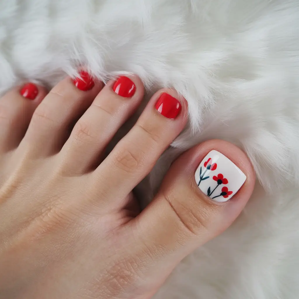 Dazzling spring toe nails 2026 White Base With Red Floral Accents