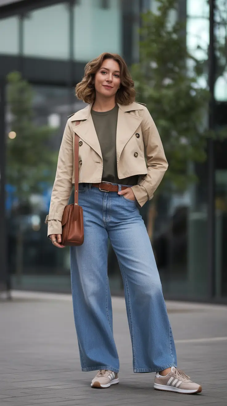 versatile spring transition outfits 2026 options + Cropped Trench And Wide-Leg Denim For Easy Early-Spring Cool