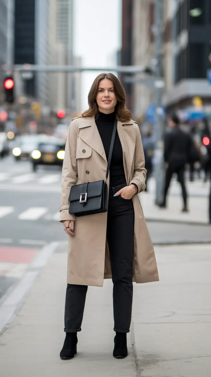 versatile spring transition outfits 2026 options + Classic Trench And Black Base For Cold City Days