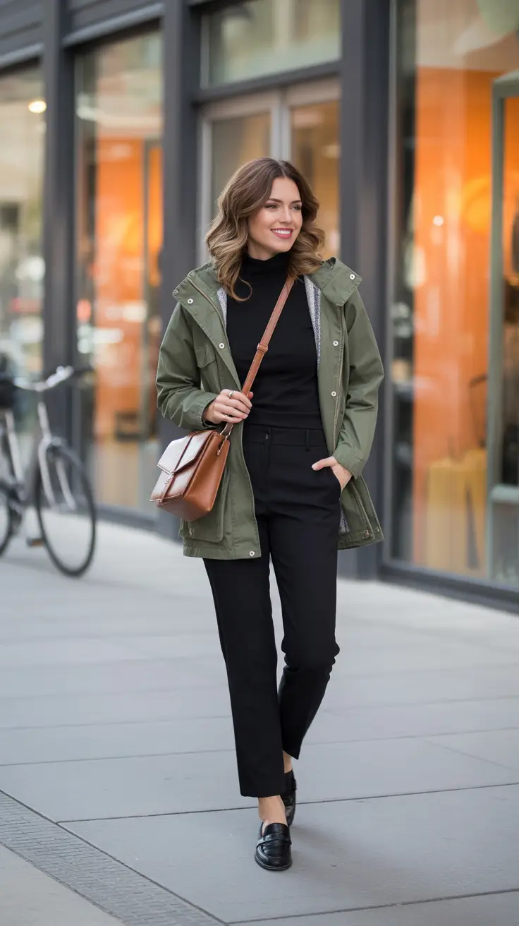 versatile spring transition outfits 2026 options + Olive Utility Jacket And Black Basics For Commuter Days
