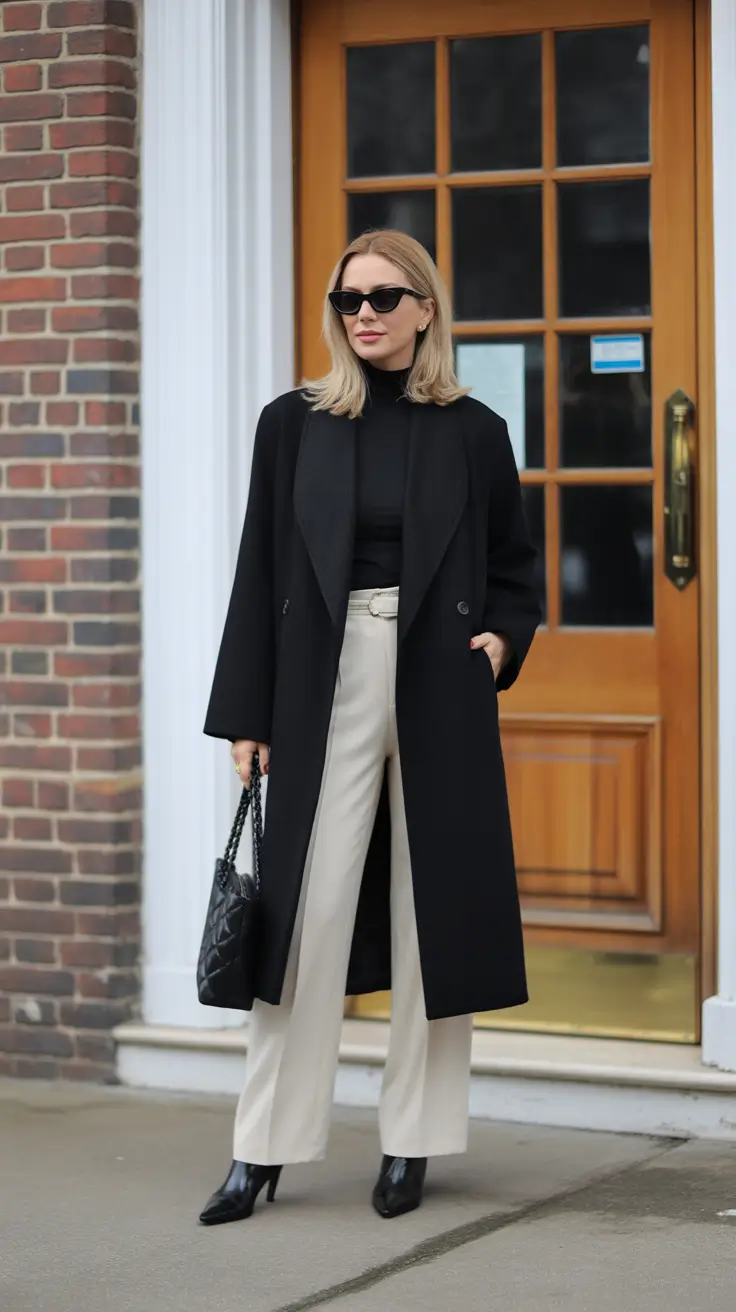 versatile spring transition outfits 2026 options + Black Coat And Cream Trousers For Nighttime Transition Chic