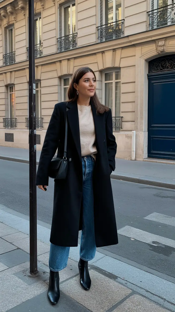 versatile spring transition outfits 2026 options + Long Black Coat And Light Knit For Cold City Mornings