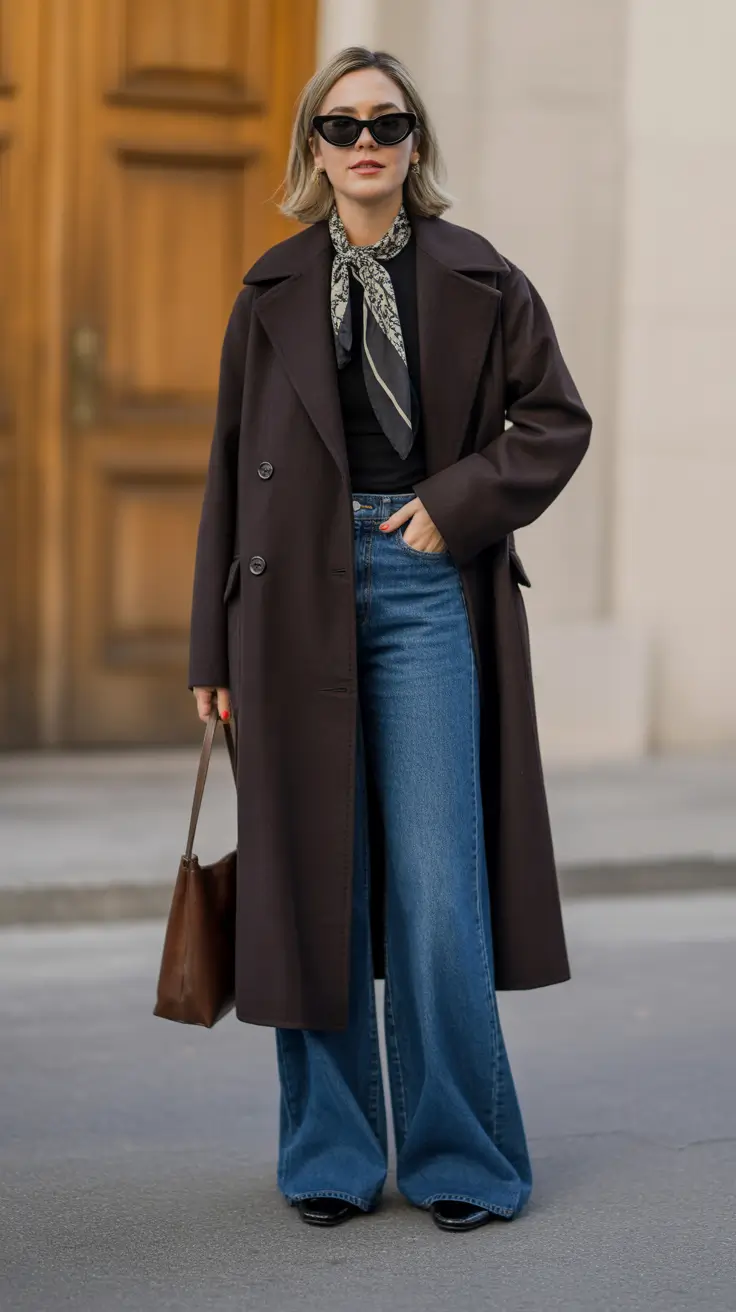 versatile spring transition outfits 2026 options + Chocolate Coat And Silk Scarf For Dinner-Ready Cool Weather