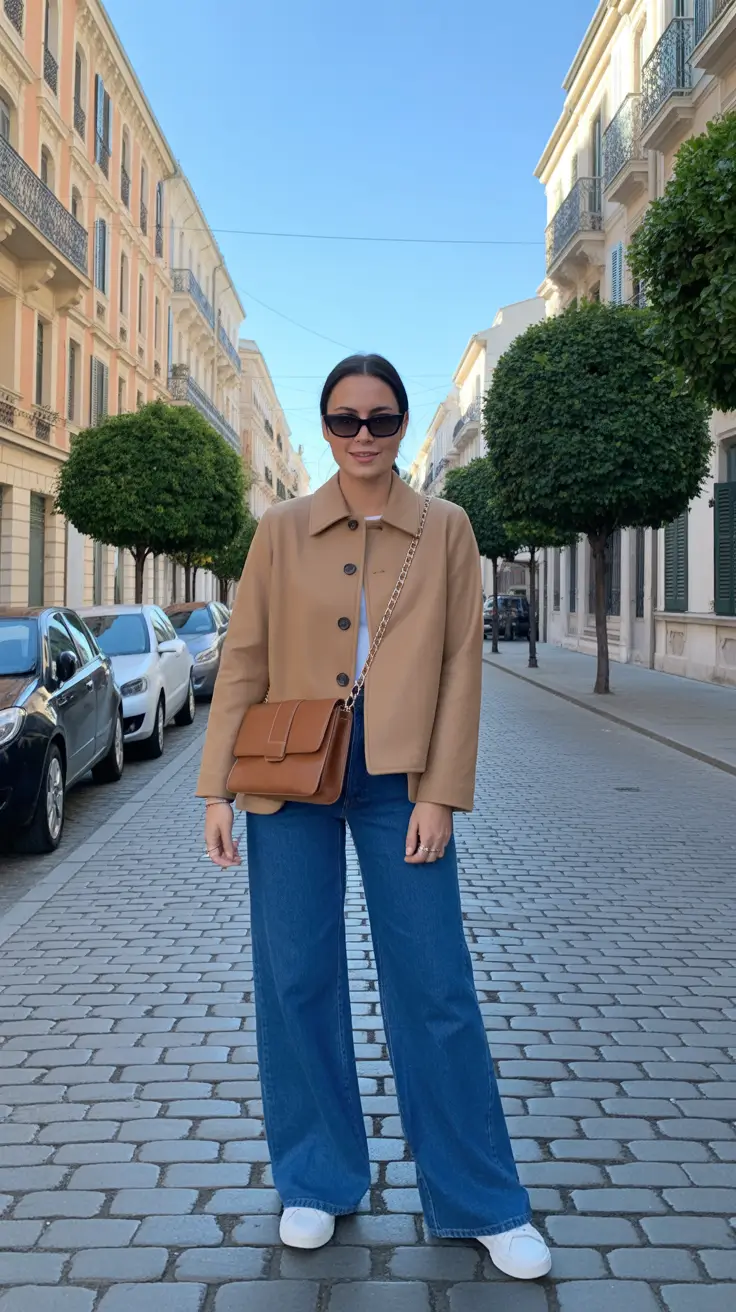 versatile spring transition outfits 2026 options + Short Camel Jacket And Wide-Leg Jeans For Sunny Early Spring Walks