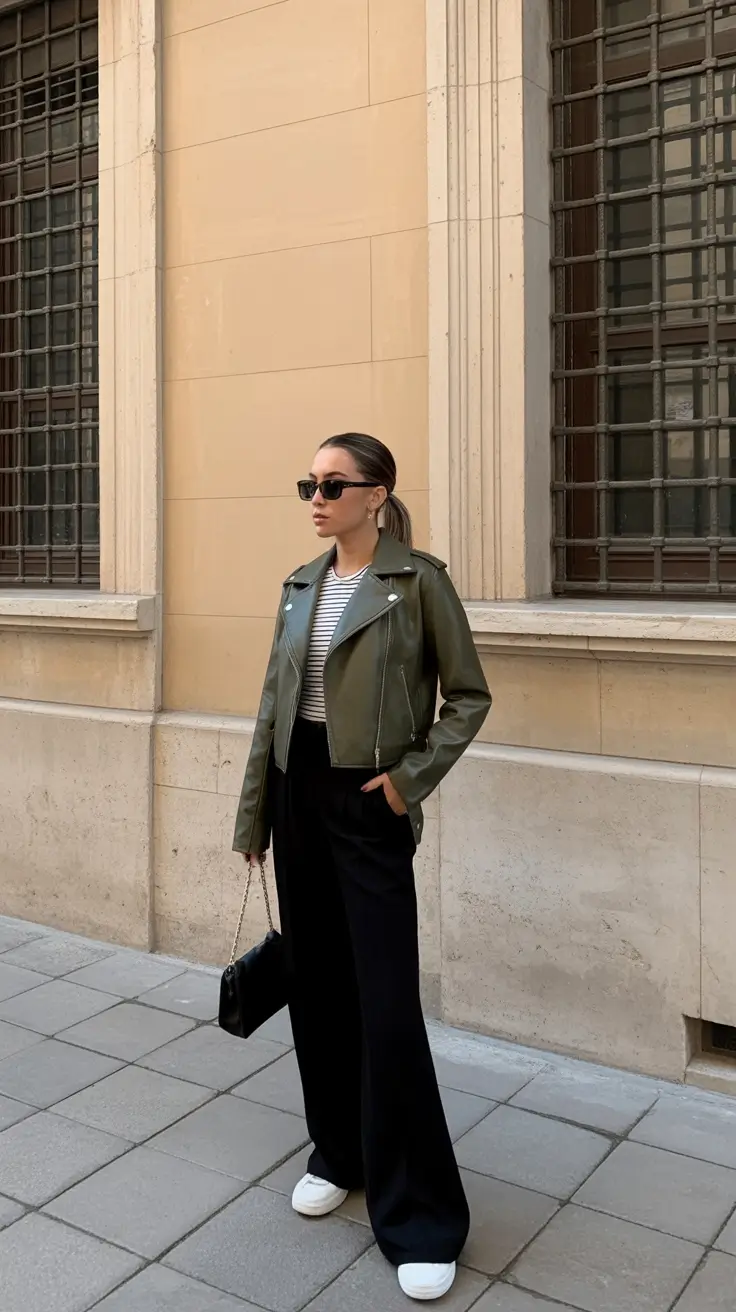 versatile spring transition outfits 2026 options + Olive Moto Jacket And Stripes For Chic Work Casual Energy