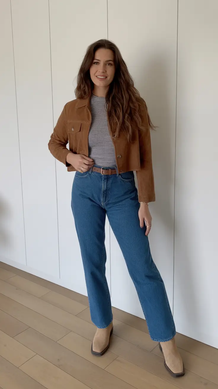 versatile spring transition outfits 2026 options + Suede Jacket And Straight Jeans For Cute Everyday Comfort