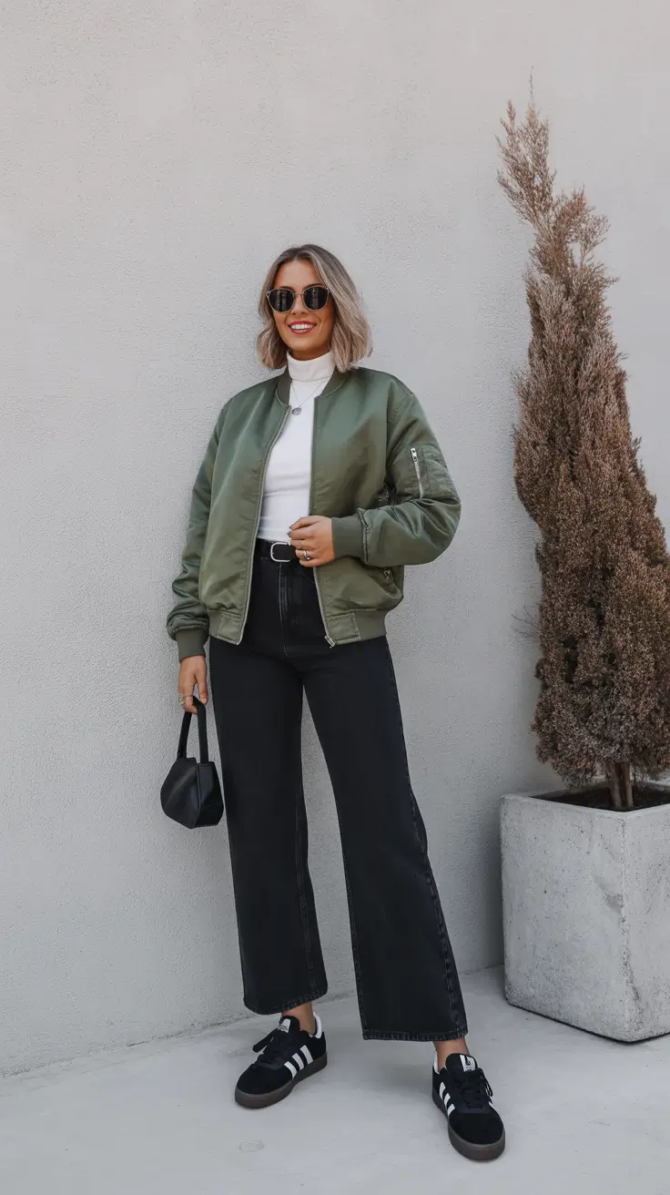 versatile spring transition outfits 2026 options + Olive Bomber And Wide-Leg Denim For Early Spring Errands