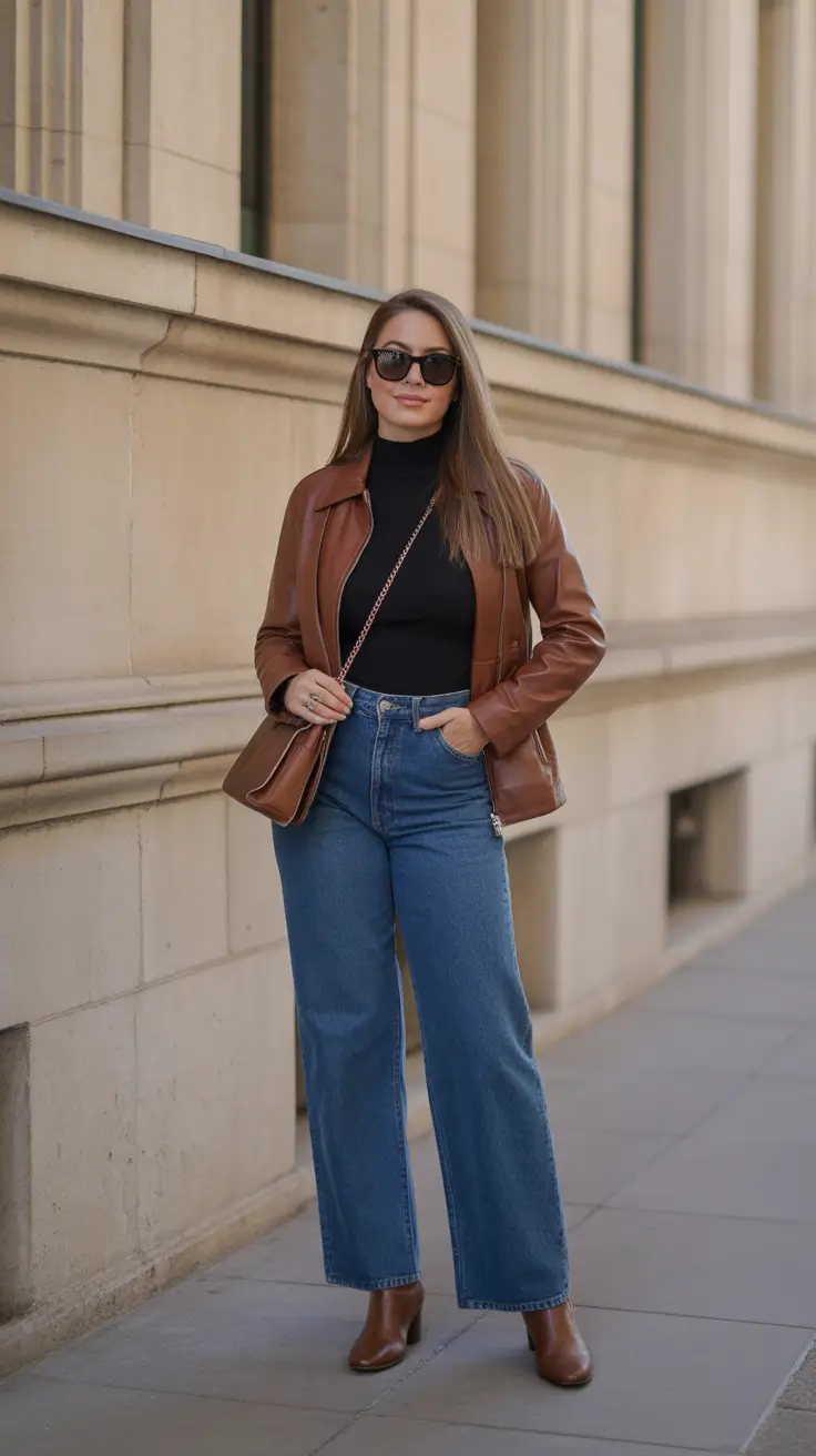 versatile spring transition outfits 2026 options + Cognac Leather Jacket With Turtleneck For City Strolls