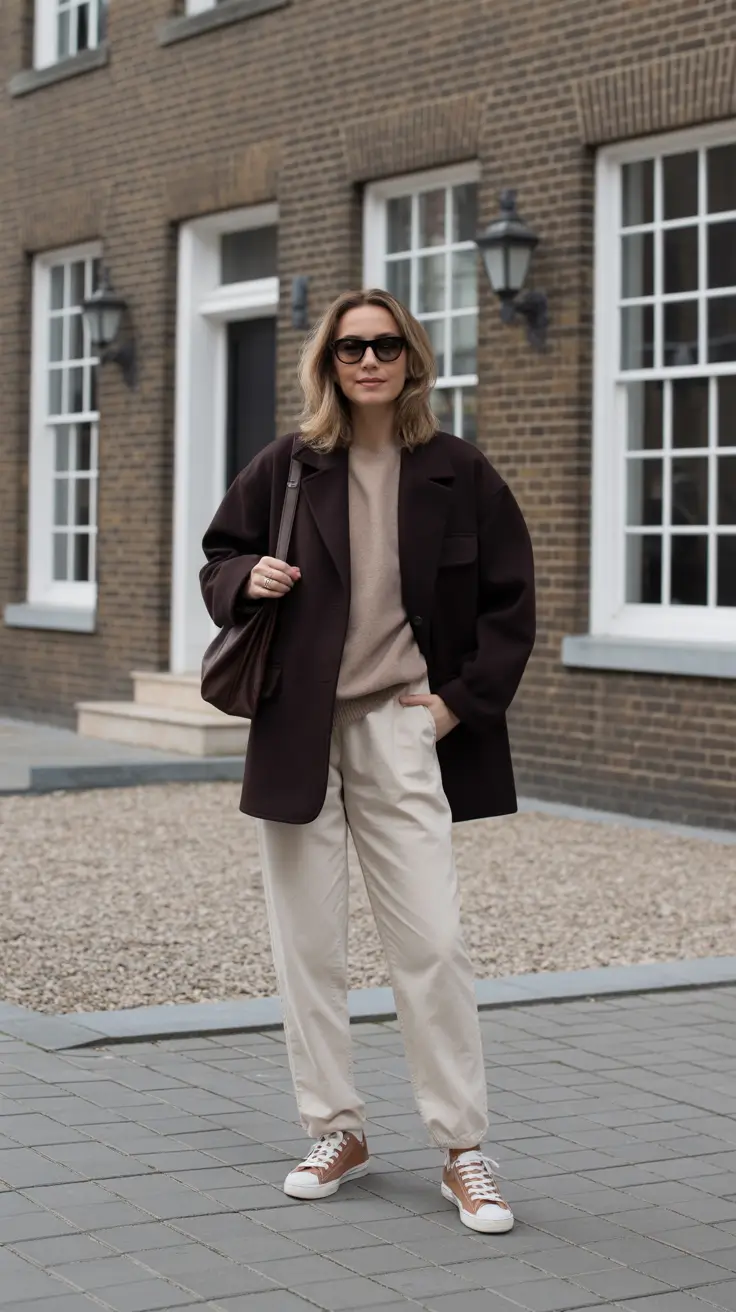versatile spring transition outfits 2026 options + Chocolate Blazer And Cream Trousers For Polished Comfy Days