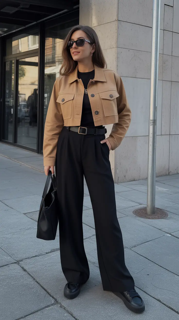 versatile spring transition outfits 2026 options + Cropped Utility Jacket With Wide-Leg Trousers For Modern Workwear