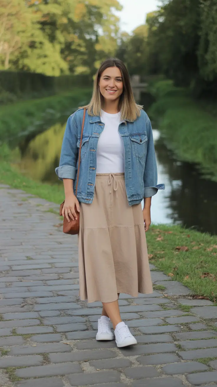 soft spring travel outfits 2026 + Denim Jacket And Midi Skirt - The Soft Spring Walkabout Uniform