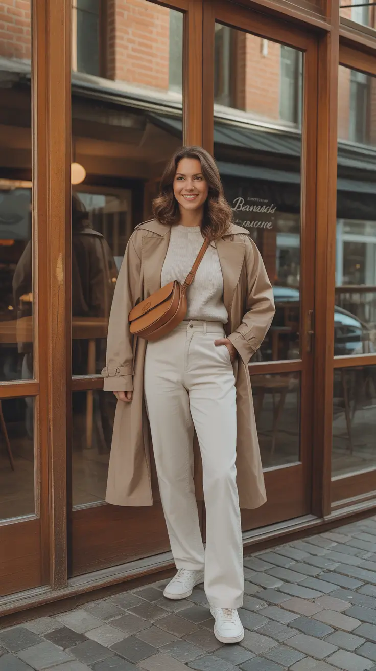 soft spring travel outfits 2026 + Neutral Trench And Cream Knit For Polished Arrival Days