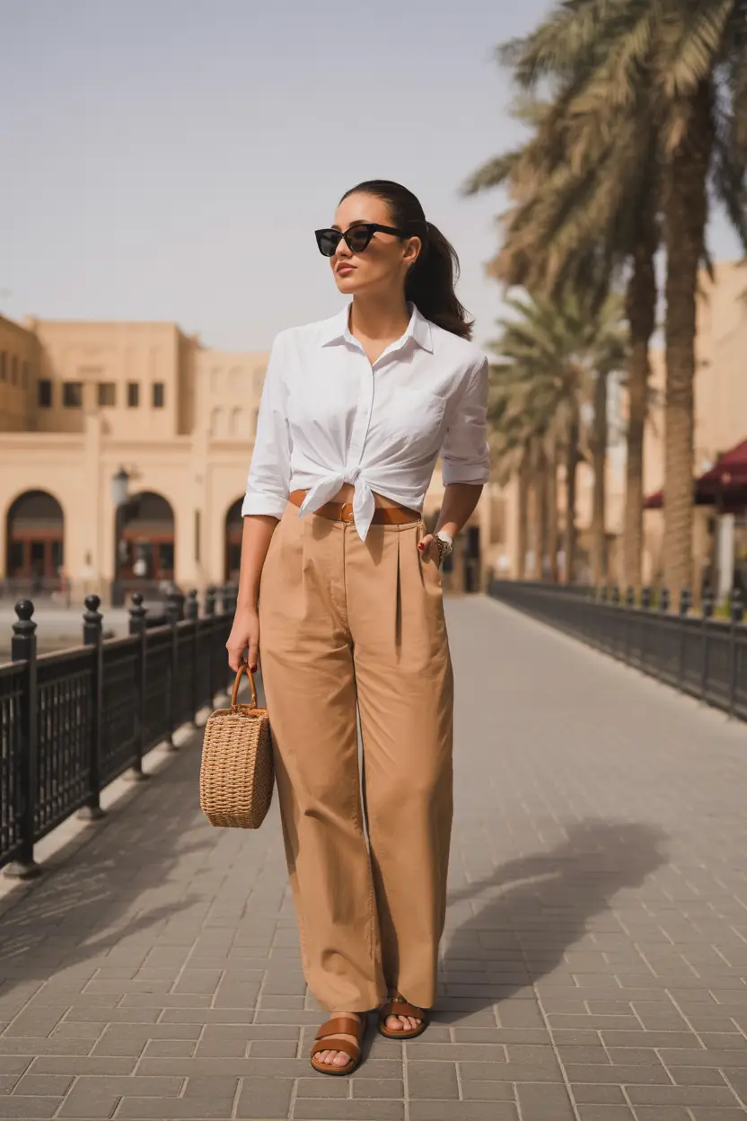 soft spring travel outfits 2026 + White Tie-Front Shirt And Tan Trousers For Warm-Weather Exploring