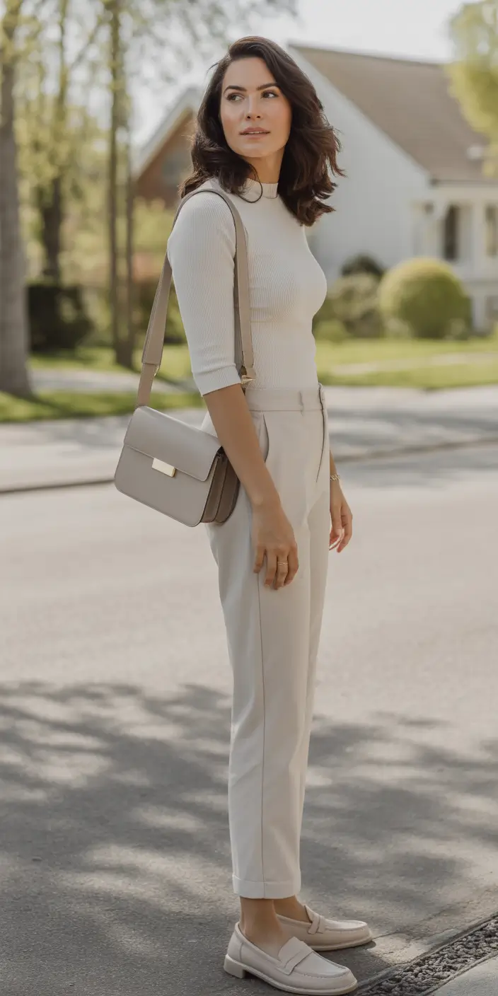 soft spring travel outfits 2026 + Soft Monochrome Neutrals With Loafers For Smart Travel Days