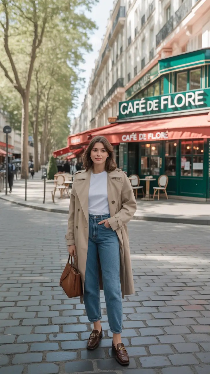 soft spring travel outfits 2026 + Classic Paris Trench And Jeans For Café-to-Museum Days