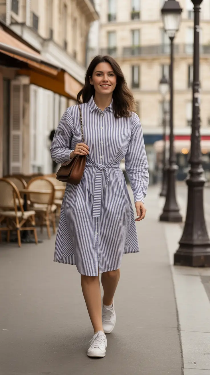 soft spring travel outfits 2026 + Blue Stripe Shirt Dress And Sneakers For City Strolls