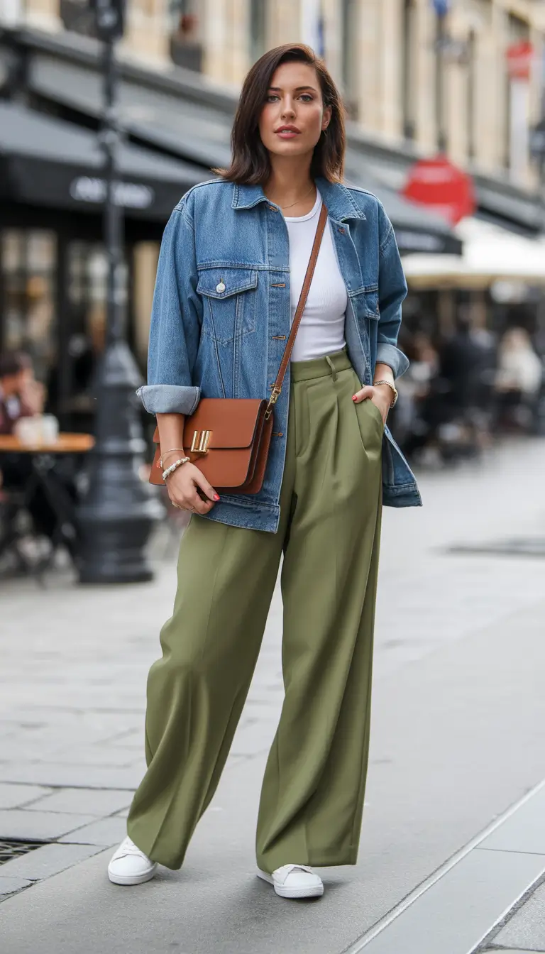 soft spring travel outfits 2026 + Denim Jacket And Olive Wide-Leg Pants For Travel-Day Cool