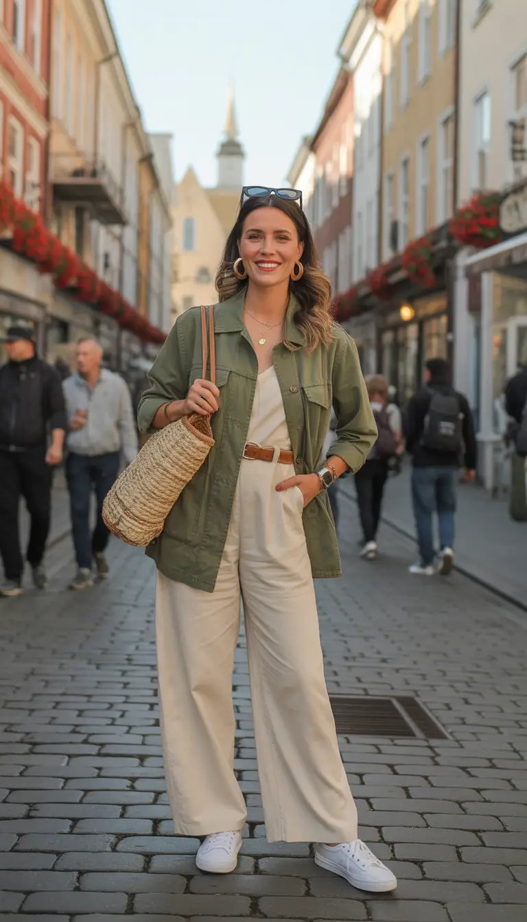 soft spring travel outfits 2026 + Utility Jacket Over Cream Jumpsuit For Old-Town Wandering