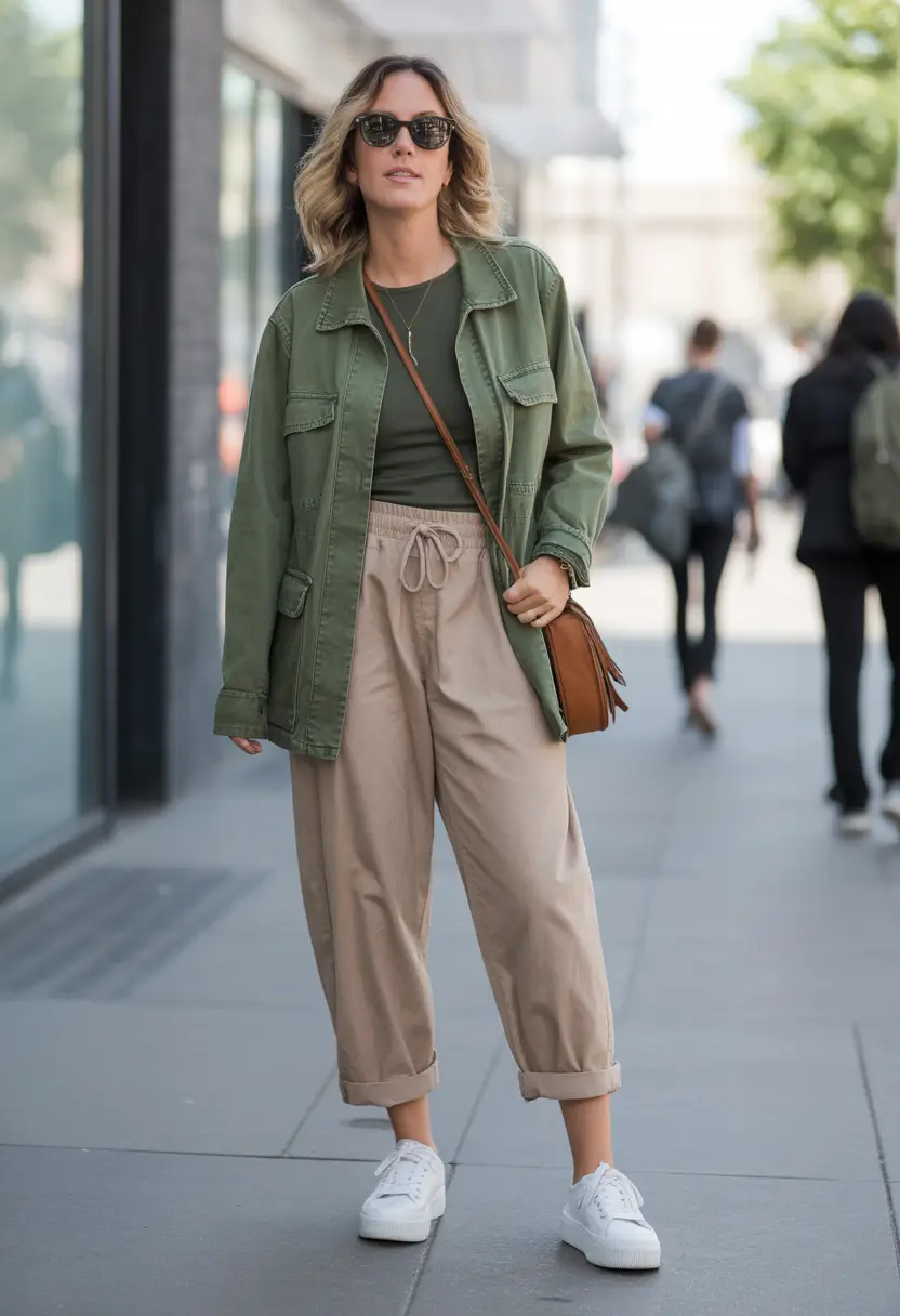 soft spring travel outfits 2026 + Soft Green Layers And Relaxed Trousers For Comfy City Days