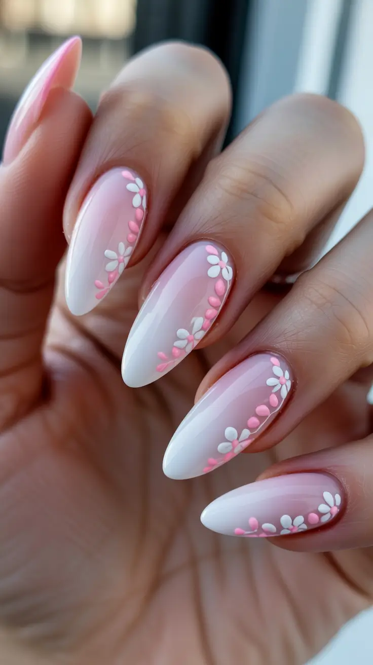 fresh spring wedding nails 2026 Blush Ombre Almond With Delicate Floral Art