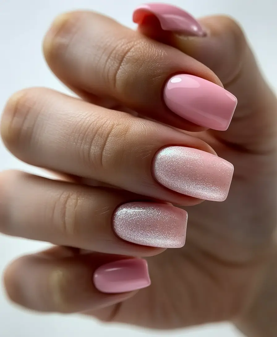 fresh spring wedding nails 2026 Soft Pink Square With Glitter Glow Accents