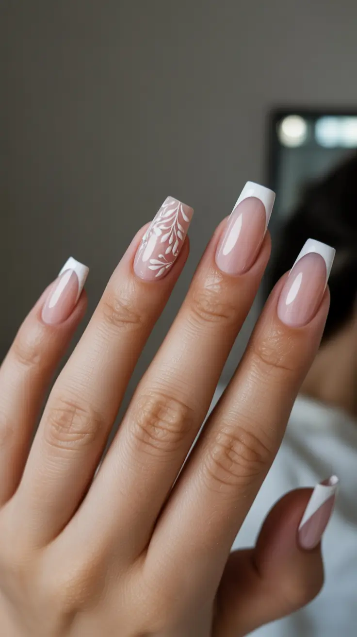 fresh spring wedding nails 2026 Modern French Square With Leafy White Accents