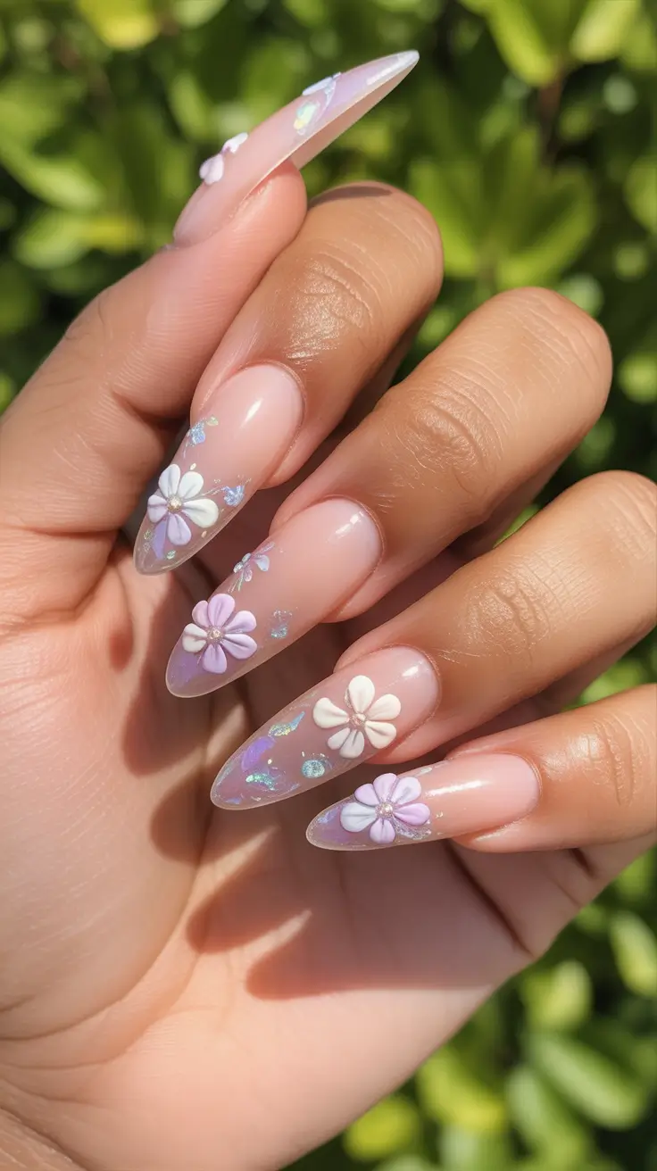 fresh spring wedding nails 2026 Transparent Almond Florals With Pastel Dimensional Petals