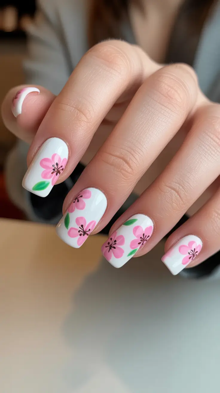 fresh spring wedding nails 2026 Classic Cherry Blossom Art On Bright White Short Nails